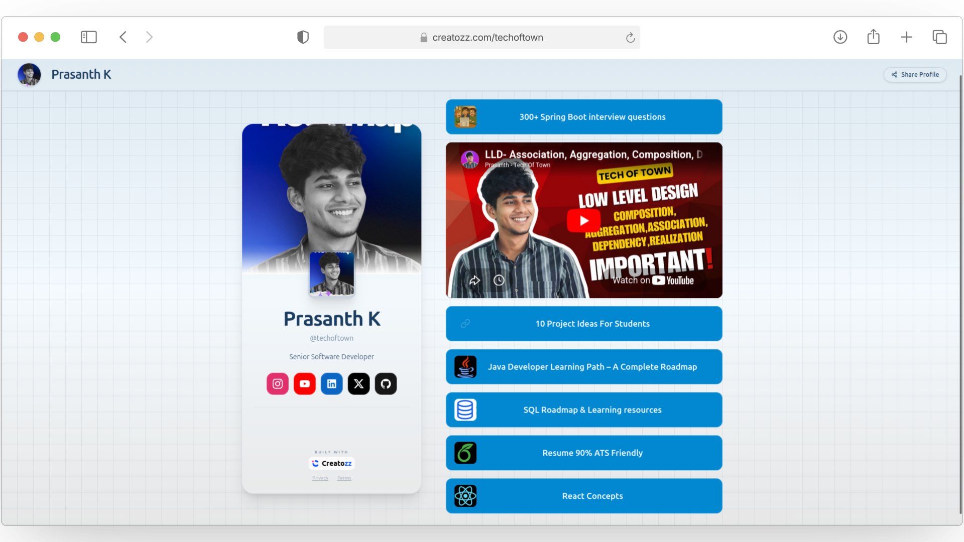 Creatozz live preview dashboard showing link-in-bio page builder with instant theme switching