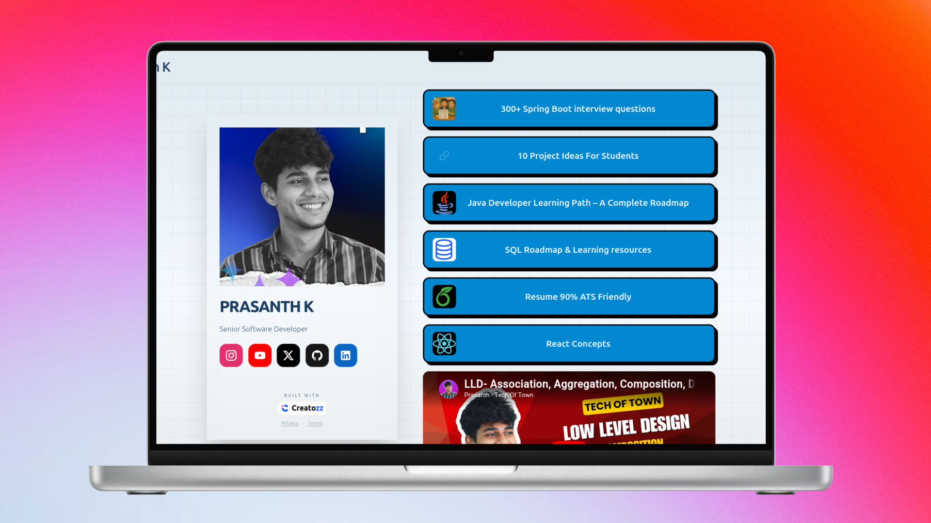 Creatozz dashboard creator page builder with analytics, digital products and Instagram automation